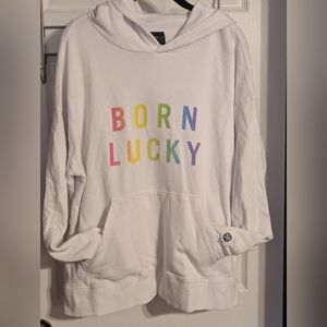 Lucky Brand White Hoodie with Rainbow 'Born Lucky' Print Medium